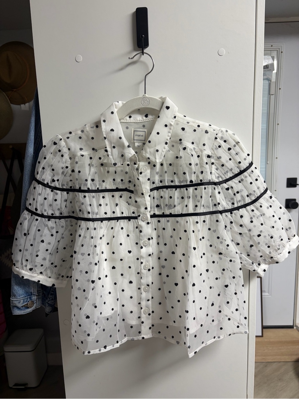 Anthropologie White Blouse with Black Polka Dots and Puff Sleeves